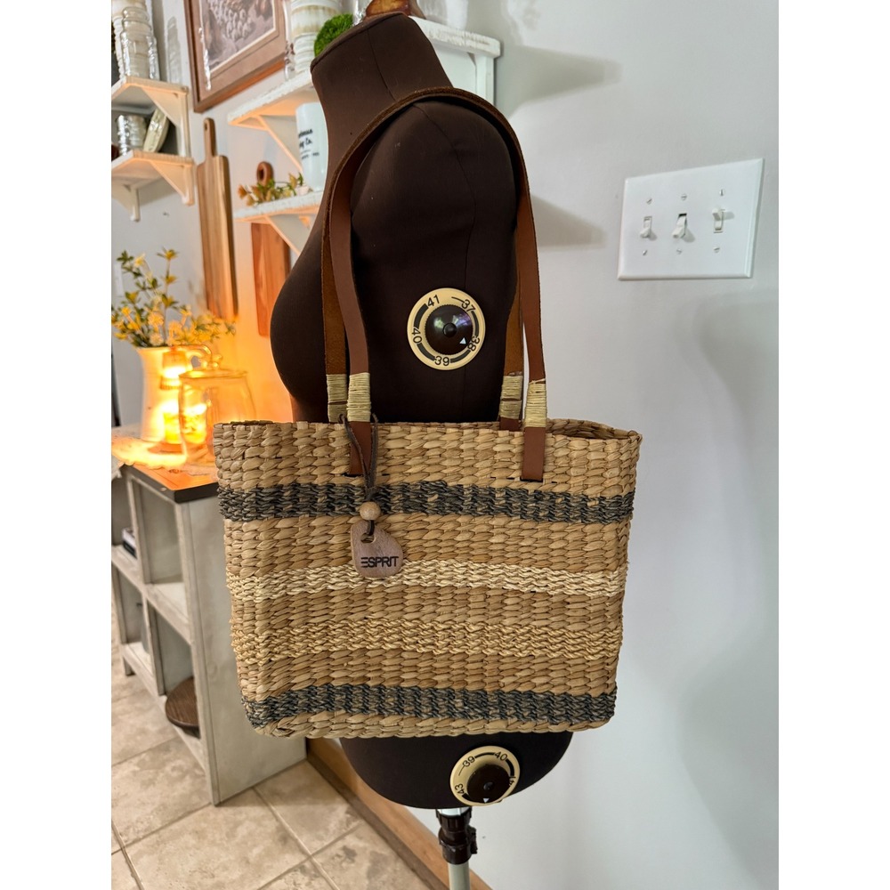 Vintage Esprit Straw Tote Bag Striped Basket Purse Leather Straps Boho Natural